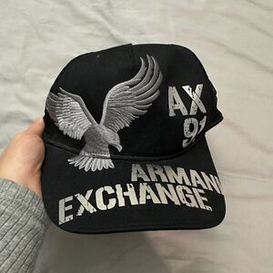 Armani Exchange Black Hat with Silver Eagle Design